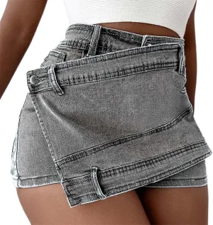 Women's Casual High Waisted Button Front Jean Shorts Denim Wrap Skort Skirt with Pocket Ruffle Trim Denim Skort