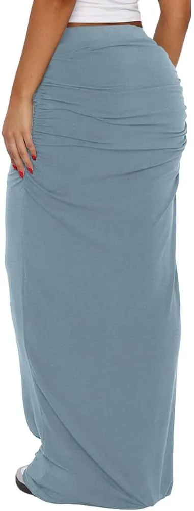 Women's Casual Maxi Skirt Summer Pleated Low Waisted Swing Lounge Skirt Ankle Length Maxi Long