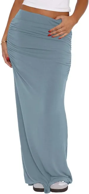 Women's Casual Maxi Skirt Summer Pleated Low Waisted Swing Lounge Skirt Ankle Length Maxi Long
