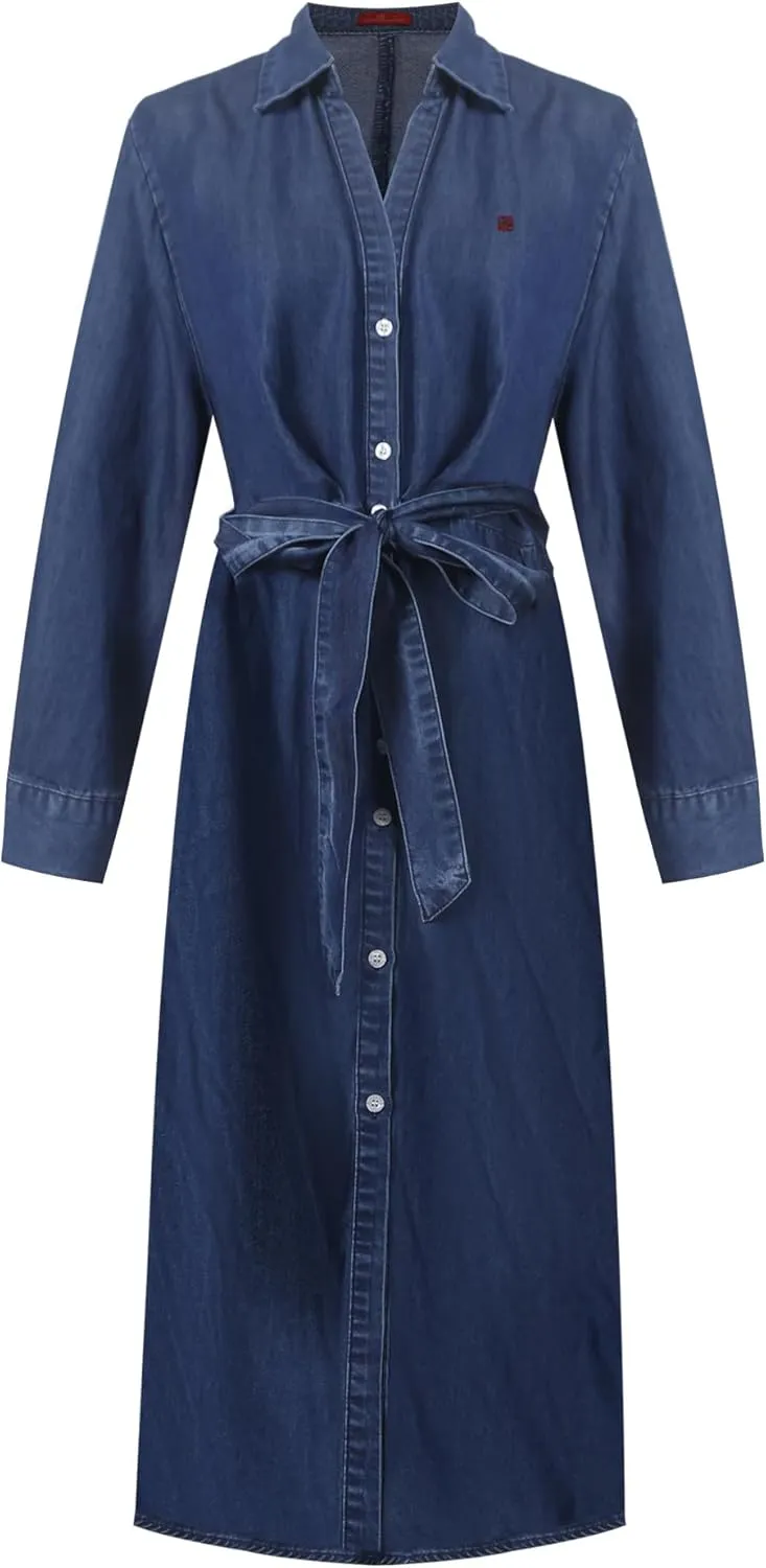 Women's Casual Retro Denim Dress with Tie Up Waist Long Skirt, Long Sleeved Dress with Pockets