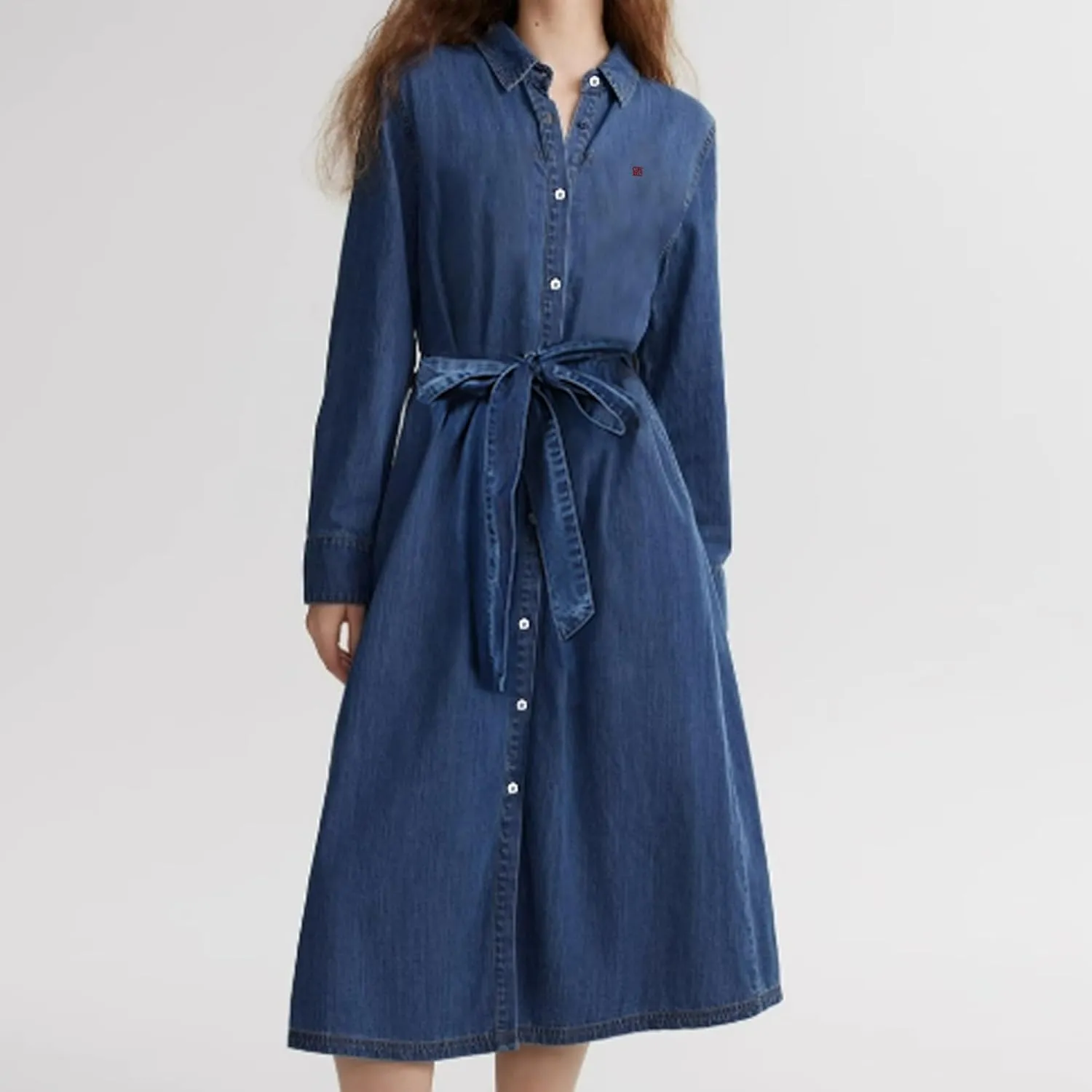 Women's Casual Retro Denim Dress with Tie Up Waist Long Skirt, Long Sleeved Dress with Pockets