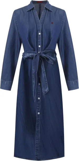 Women's Casual Retro Denim Dress with Tie Up Waist Long Skirt, Long Sleeved Dress with Pockets