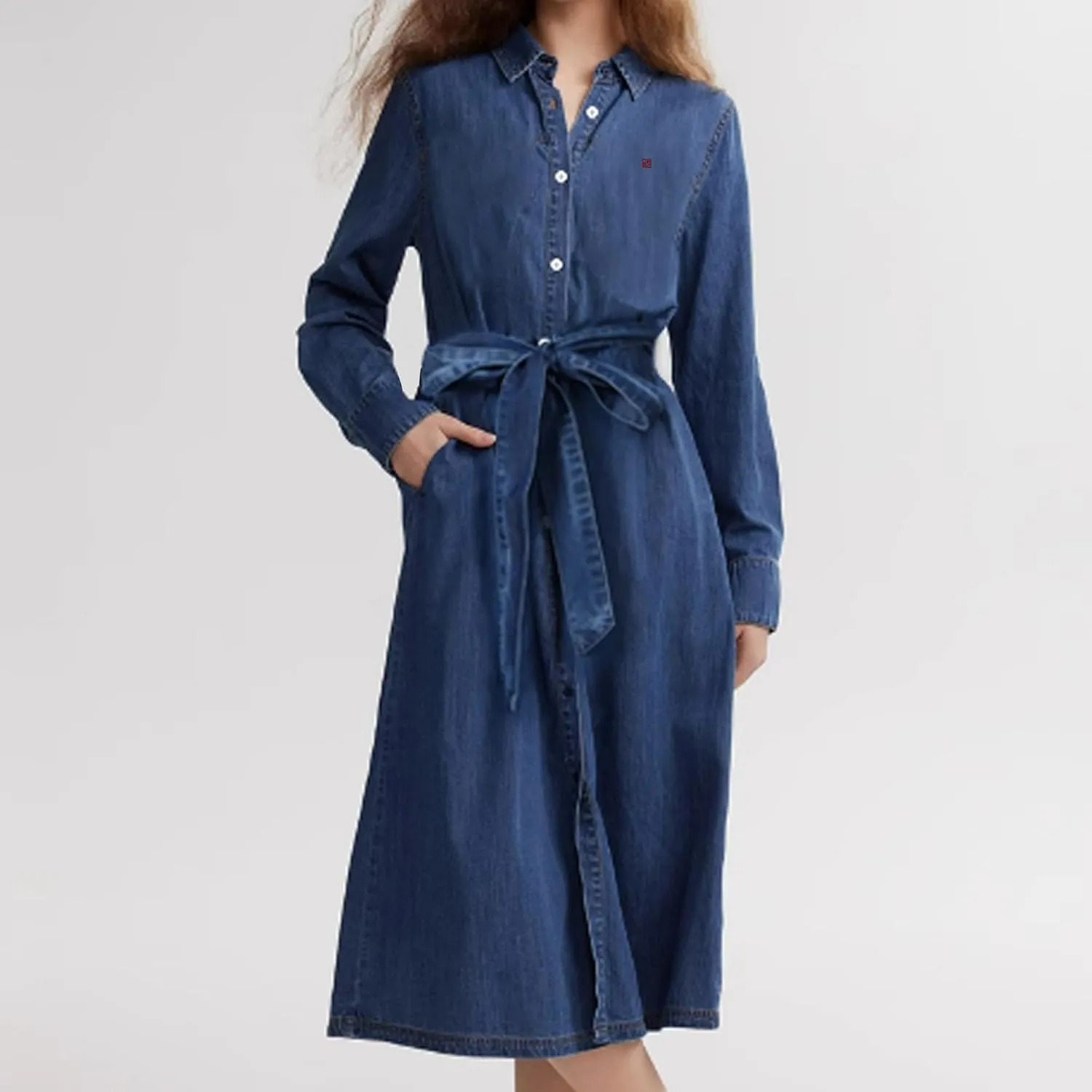 Women's Casual Retro Denim Dress with Tie Up Waist Long Skirt, Long Sleeved Dress with Pockets