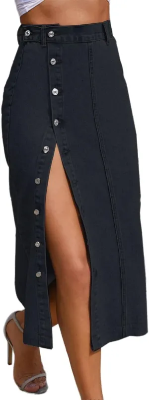 Women's Casual Slit Denim Midi Jean Skirt Stretch High Waisted Button Up Dress