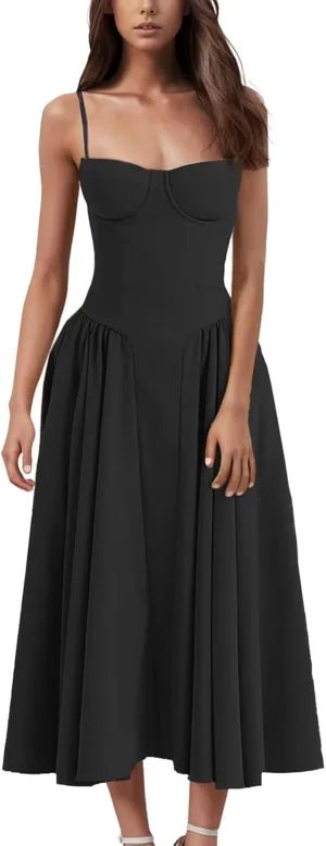 Womens Corset Dress Spaghetti Strap Bustier Midi Dresses Vintage Party Dress Flowy Pleated Hem Low Cut Prom Dresses