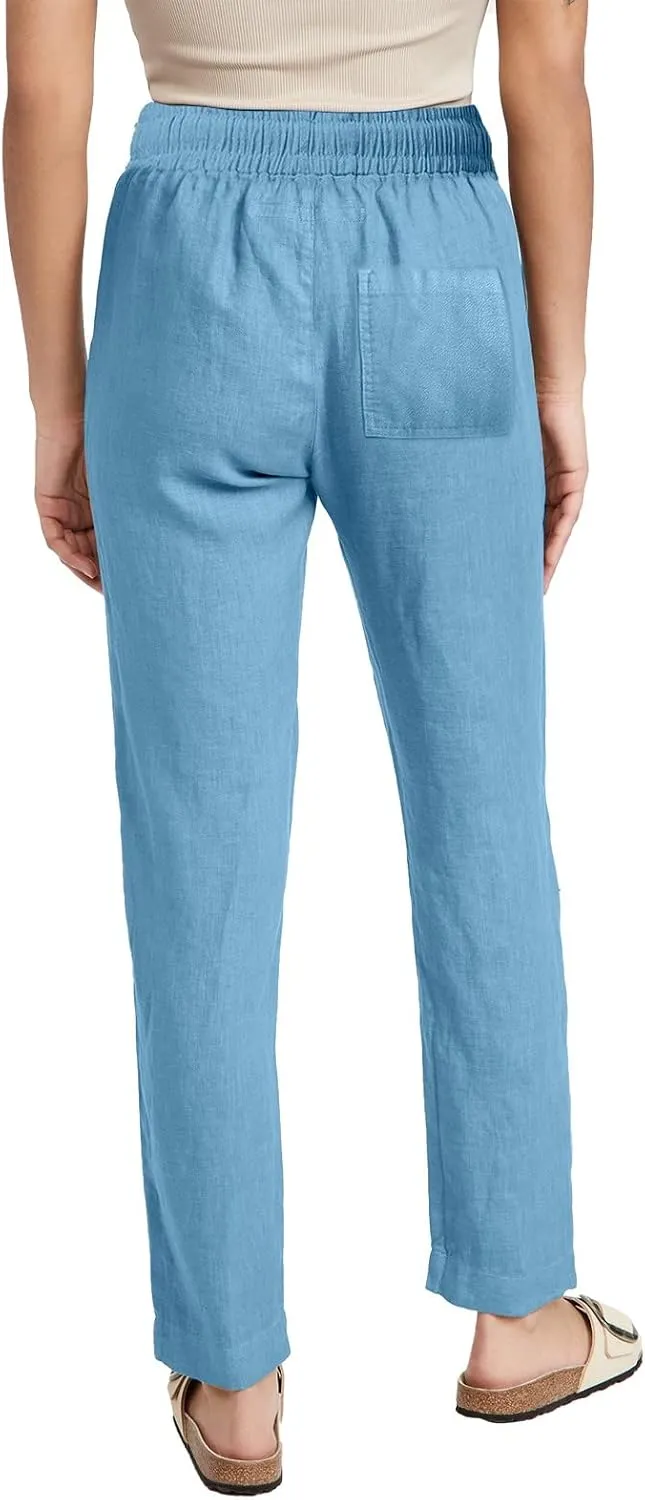 Womens Cotton Linen Casual Pants Straight Leg Drawstring Elastic High Waist Loose Comfy Palazzo Lounge Travel Cropped Trouser