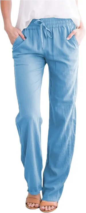 Womens Cotton Linen Casual Pants Straight Leg Drawstring Elastic High Waist Loose Comfy Palazzo Lounge Travel Cropped Trouser