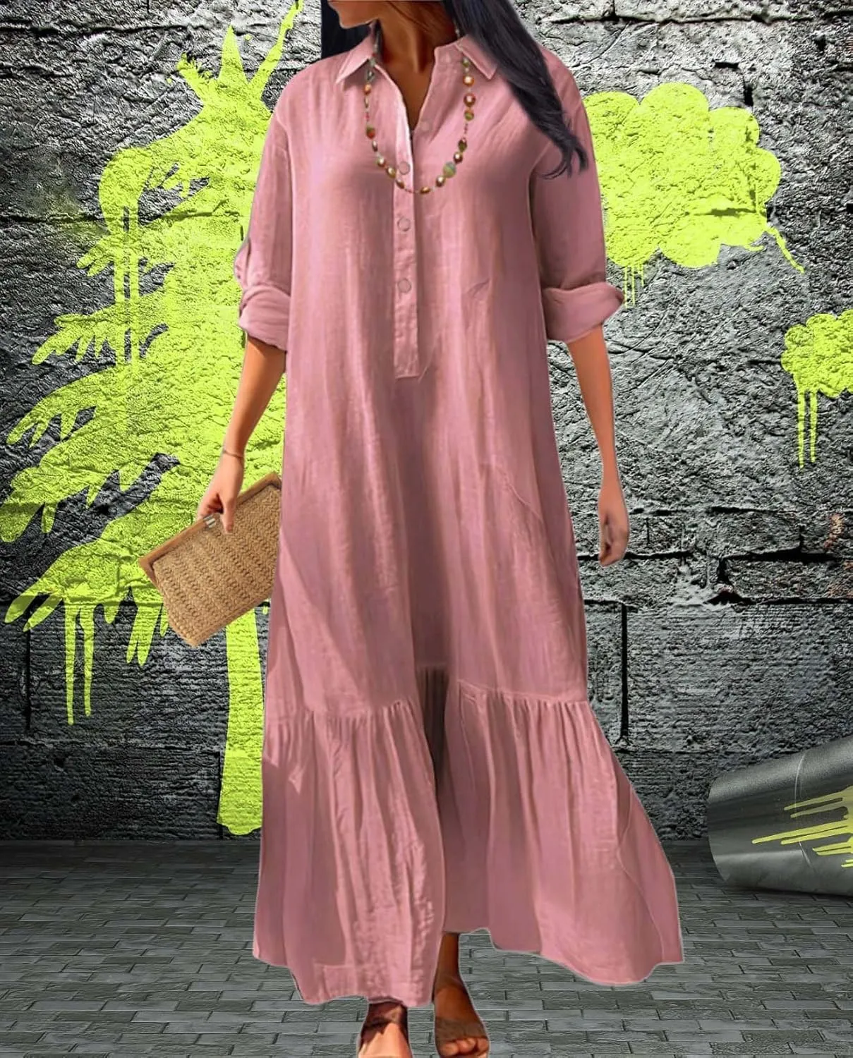 Womens Cotton Linen Dress Casual Button Down Long Sleeve Flowy Plus Size Lapel Collared Maxi Dresses Shirt Dress