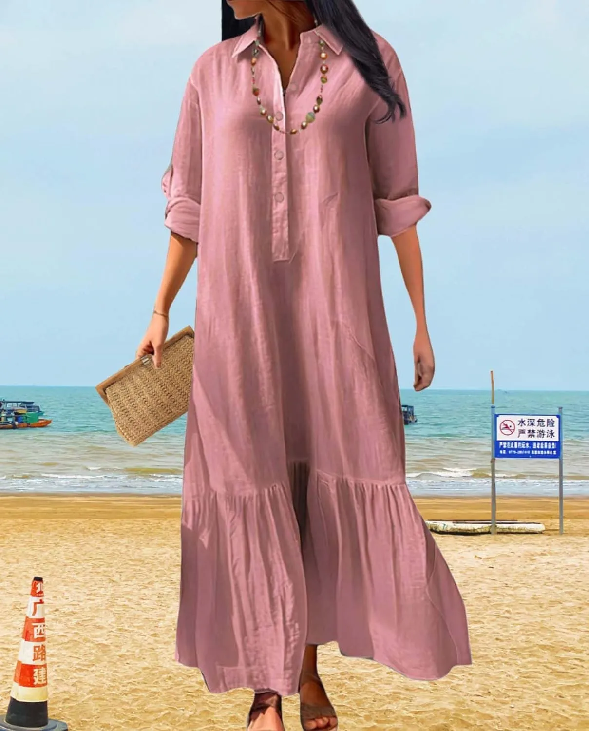 Womens Cotton Linen Dress Casual Button Down Long Sleeve Flowy Plus Size Lapel Collared Maxi Dresses Shirt Dress