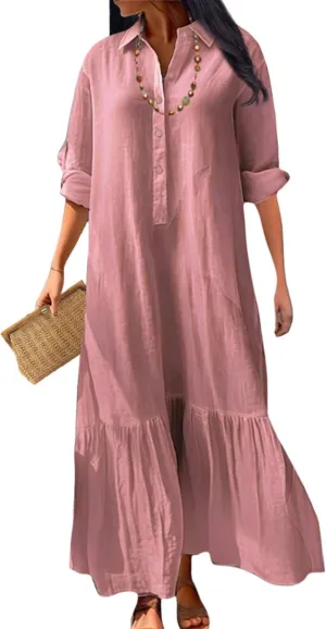 Womens Cotton Linen Dress Casual Button Down Long Sleeve Flowy Plus Size Lapel Collared Maxi Dresses Shirt Dress