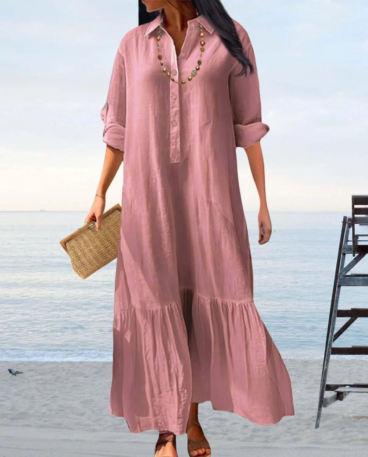 Womens Cotton Linen Dress Casual Button Down Long Sleeve Flowy Plus Size Lapel Collared Maxi Dresses Shirt Dress