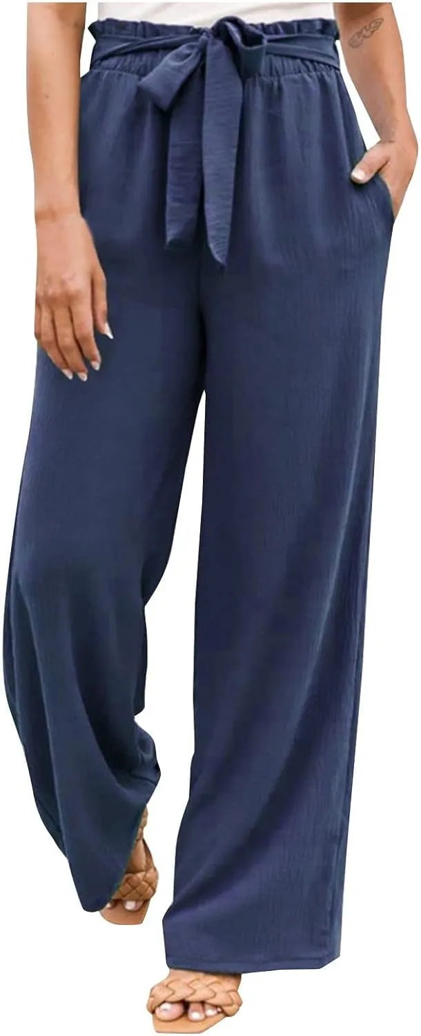 Women's Cotton Linen Pants Casual Wide Leg Beach Pants Summer Vacation High Waisted Palazzo Trousers Lightweight Lounge Pants