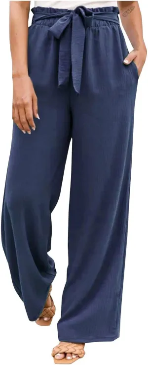 Women's Cotton Linen Pants Casual Wide Leg Beach Pants Summer Vacation High Waisted Palazzo Trousers Lightweight Lounge Pants