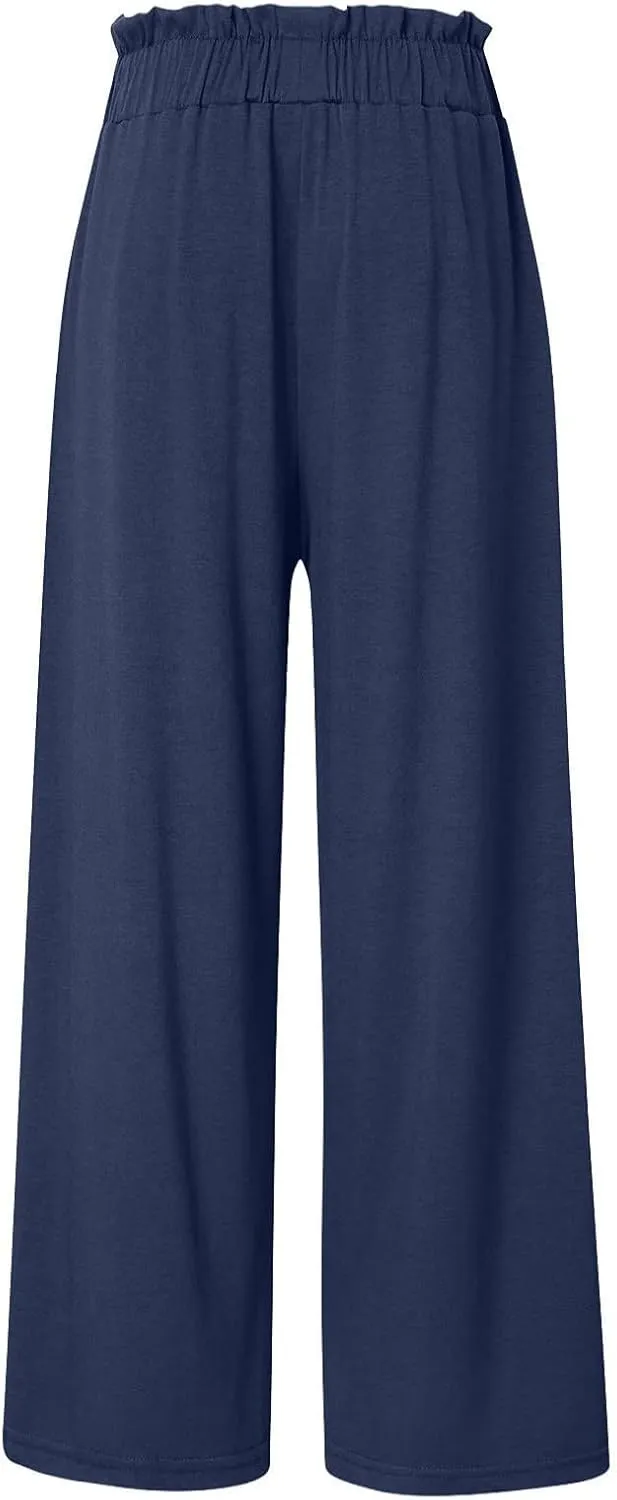 Women's Cotton Linen Pants Casual Wide Leg Beach Pants Summer Vacation High Waisted Palazzo Trousers Lightweight Lounge Pants