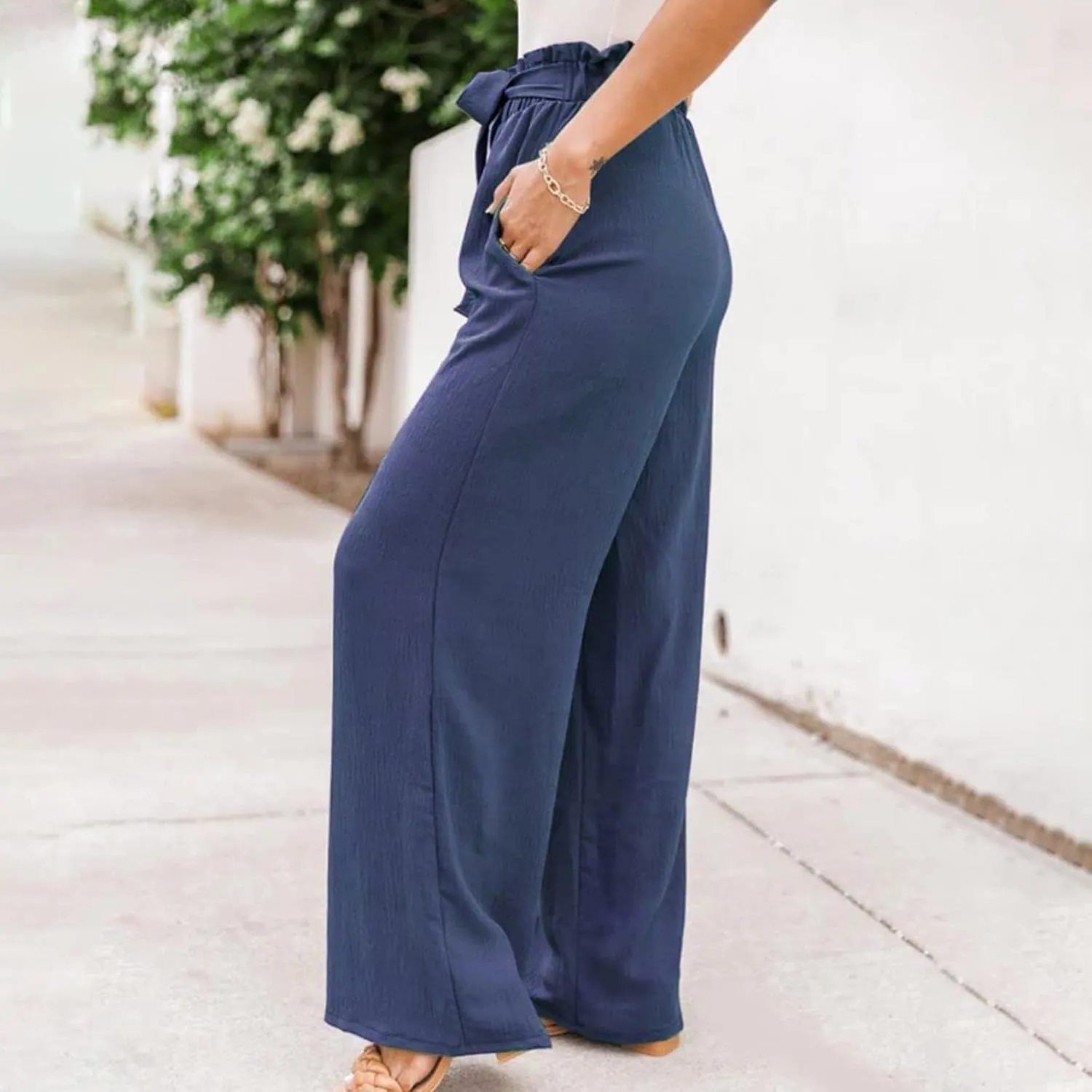 Women's Cotton Linen Pants Casual Wide Leg Beach Pants Summer Vacation High Waisted Palazzo Trousers Lightweight Lounge Pants