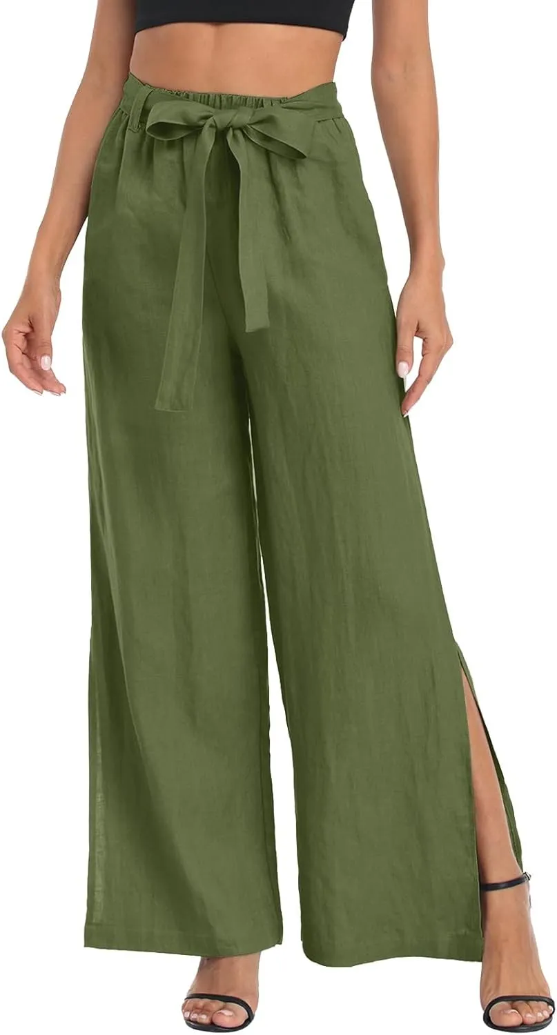 Womens Cotton Linen Summer Baggy Palazzo Pants Low Waist Lounge Pants Slim-Fit Palazzo Lounge Pants Beach