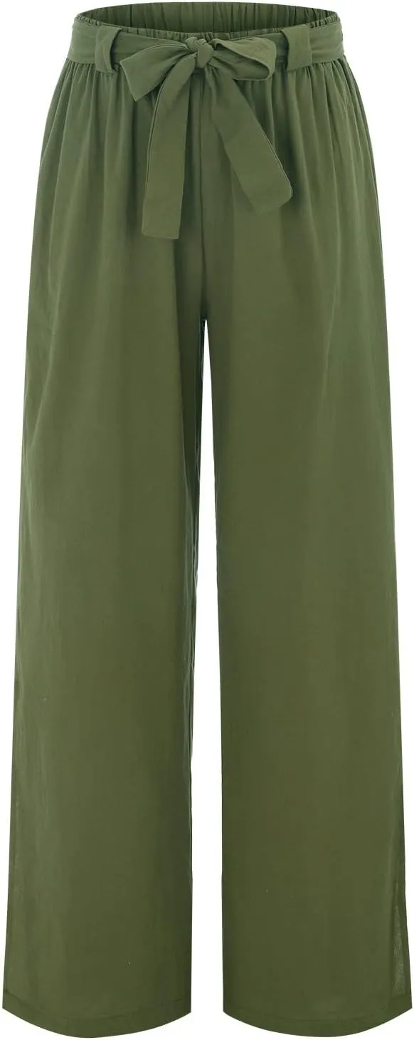 Womens Cotton Linen Summer Baggy Palazzo Pants Low Waist Lounge Pants Slim-Fit Palazzo Lounge Pants Beach