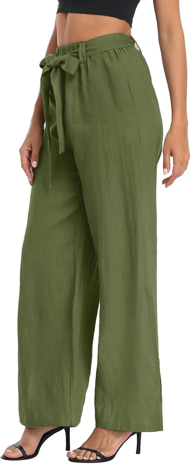 Womens Cotton Linen Summer Baggy Palazzo Pants Low Waist Lounge Pants Slim-Fit Palazzo Lounge Pants Beach