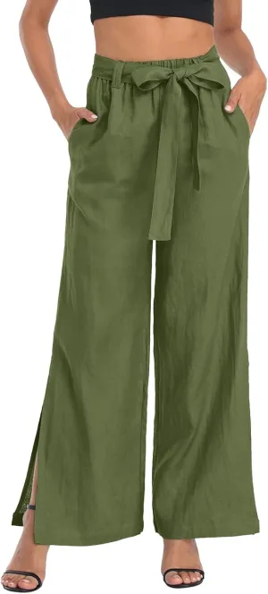 Womens Cotton Linen Summer Baggy Palazzo Pants Low Waist Lounge Pants Slim-Fit Palazzo Lounge Pants Beach