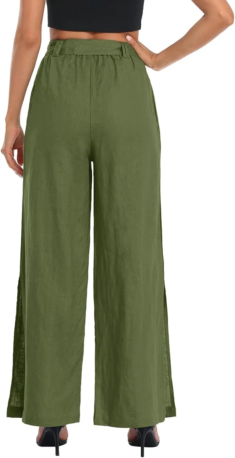 Womens Cotton Linen Summer Baggy Palazzo Pants Low Waist Lounge Pants Slim-Fit Palazzo Lounge Pants Beach