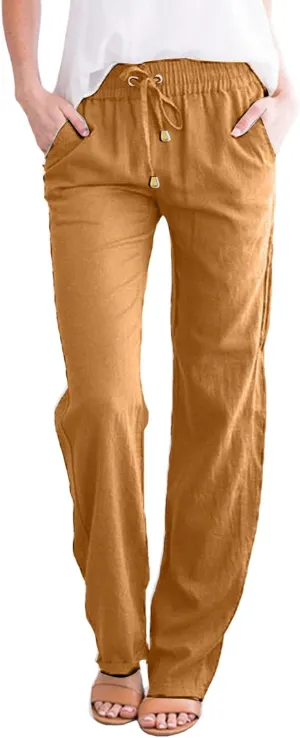 Women's Cotton Linen Summer Lightweigt Pant Trousers Low Waist Wide Leg Slim Fit Pants Office