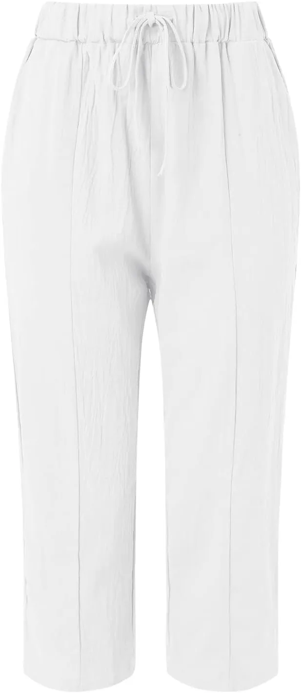Womens Cotton Linen Summer Solid Palazzo Pants High Waist Lounge Pants Plus Size Pant Trousers Travel