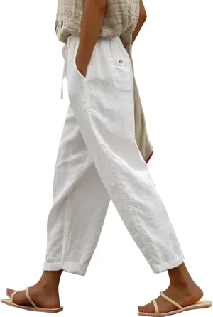 Womens Cotton Linen Summer Solid Palazzo Pants High Waist Lounge Pants Plus Size Pant Trousers Travel