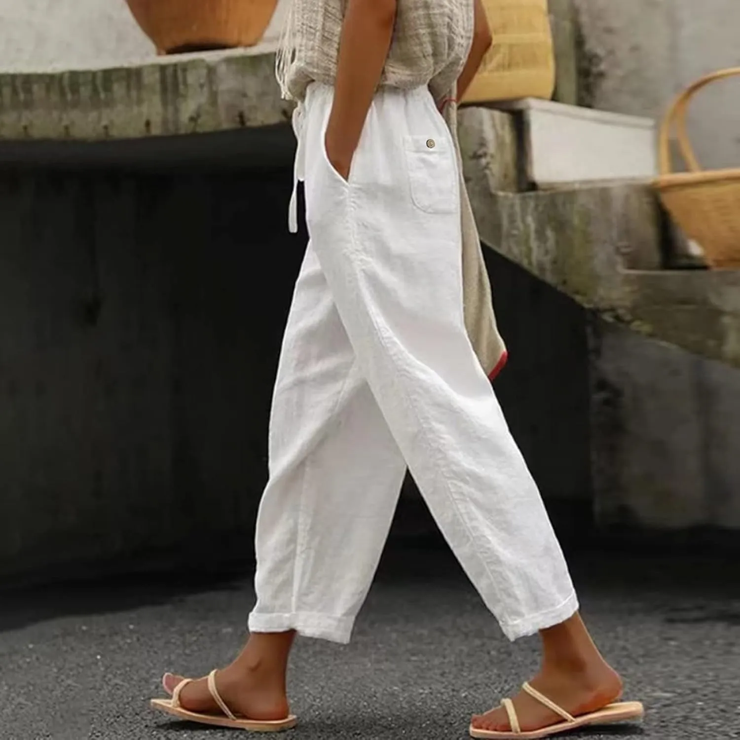 Womens Cotton Linen Summer Solid Palazzo Pants High Waist Lounge Pants Plus Size Pant Trousers Travel