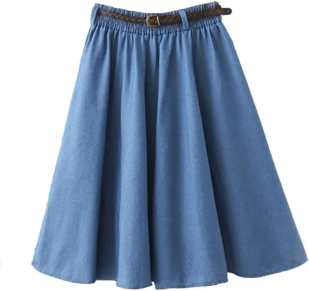 WomenS Elastic High Waisted Denim Skirt Summer Midi Length A-Line Skirts