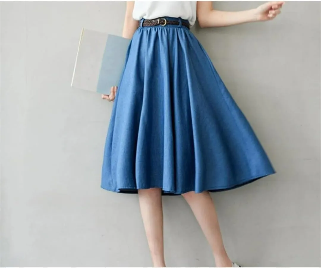 WomenS Elastic High Waisted Denim Skirt Summer Midi Length A-Line Skirts