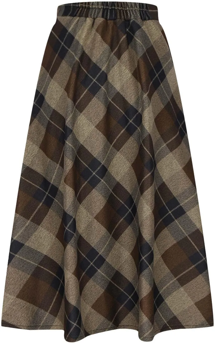 Womens Fall Winter High Waist A-Line Pleated Wool Midi Length Skirt A-Line Plaid Vintage Dressy Elegant Maxi Skirts