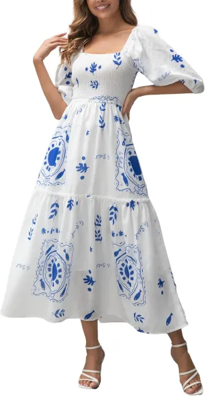 Womens Flower Print Floral Maxi Dress Puff Short Sleeve Square Neck Tiered Flowy 2025 Spring Summer Smocked Dresses
