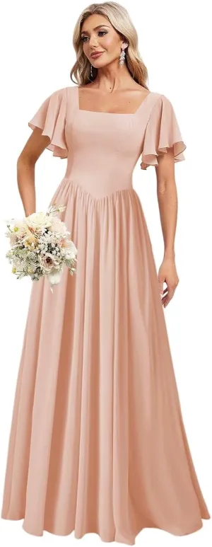Women's Flutter Sleeves Bridesmaid Dresses 2025 Square Neck Chiffon Pleated Formal Evening Party Gowns DE441