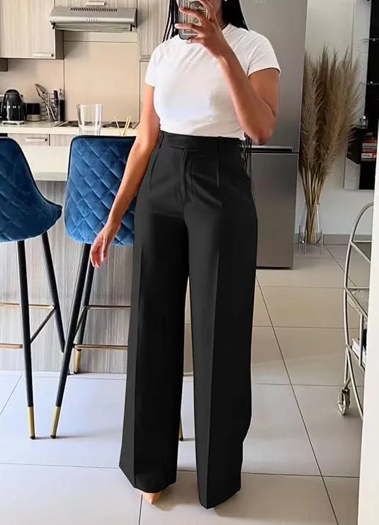 Women's High-Waist Straight Leg Suit Pants Business Work Wide Leg Button-Down Pant Office Elastic Sports Trousers