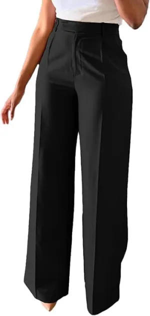 Women's High-Waist Straight Leg Suit Pants Business Work Wide Leg Button-Down Pant Office Elastic Sports Trousers