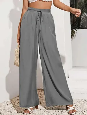Women's High Waisted Casual Pants Solid Color Elastic Waist Lace Up Wide-Leg Pant Business Leisure Work Trousers