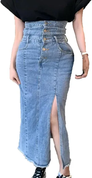 Women's High Waisted Side Slit Button Down Denim Skirts Many Pockets Wrap Hip Pencil Jeans Skirts