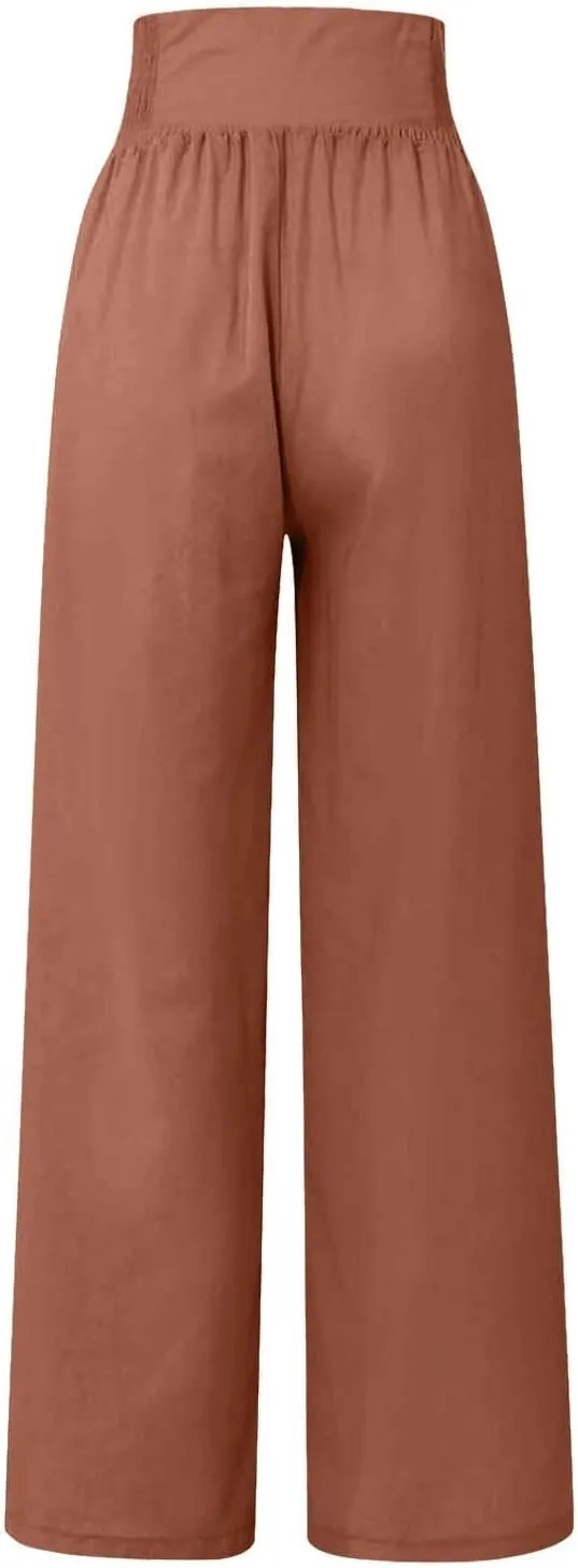 Women's Linen Blend Summer Flowy Pant Trousers Low Waist Ankle Length Loose Fit Trousers Vacation