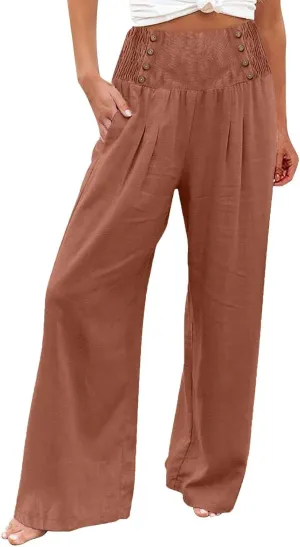 Women's Linen Blend Summer Flowy Pant Trousers Low Waist Ankle Length Loose Fit Trousers Vacation