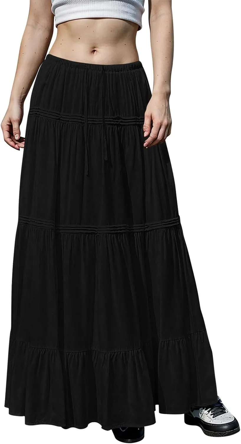 Womens Linen Maxi Skirt Beach Vacation Aline Flowy Summer Long Skirts High Waist Tiered Boho Renaissance Pleated Skirt