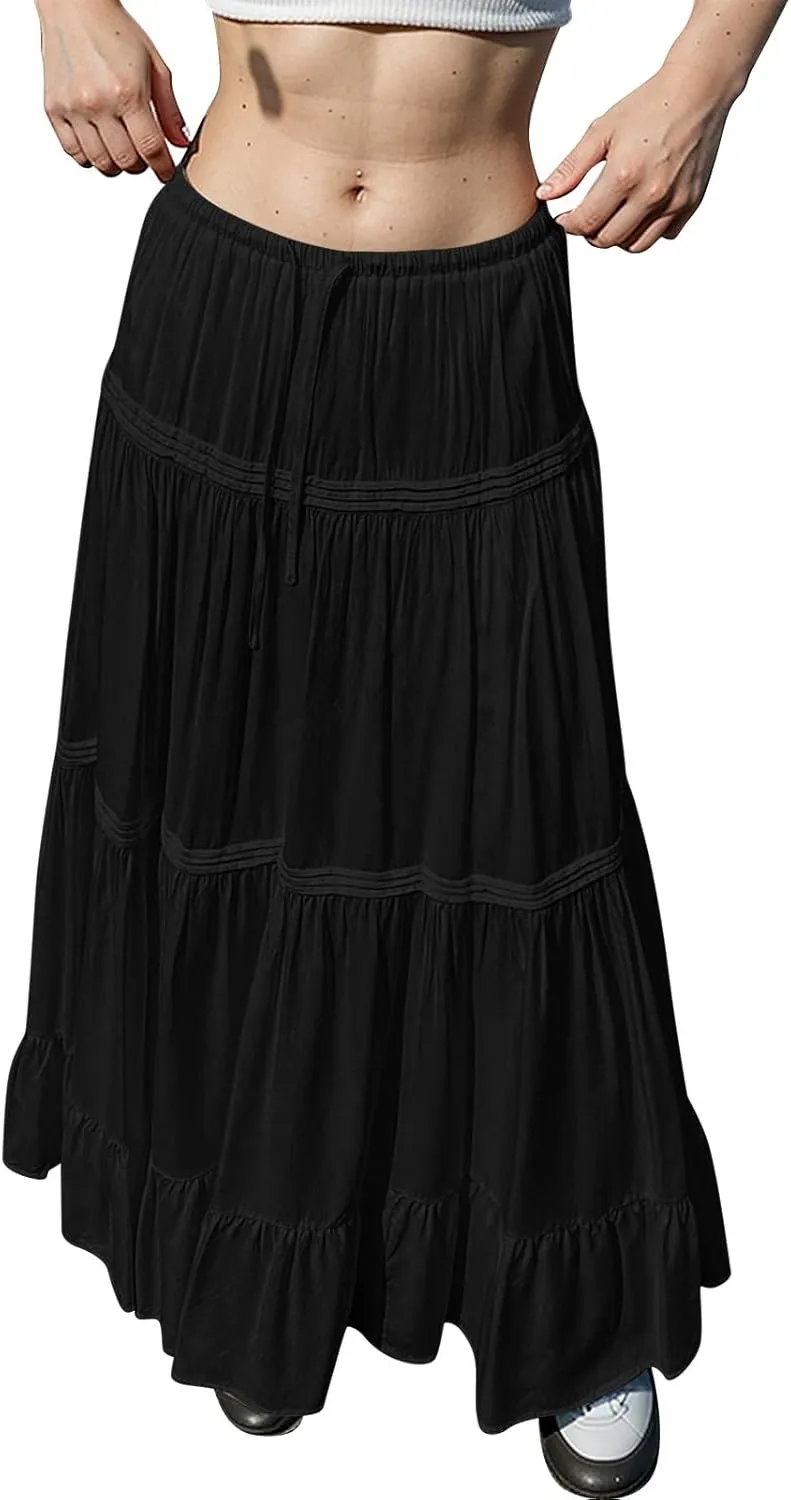 Womens Linen Maxi Skirt Beach Vacation Aline Flowy Summer Long Skirts High Waist Tiered Boho Renaissance Pleated Skirt