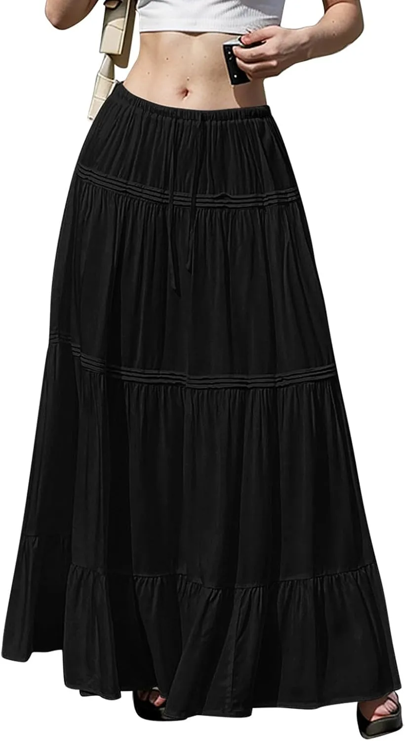 Womens Linen Maxi Skirt Beach Vacation Aline Flowy Summer Long Skirts High Waist Tiered Boho Renaissance Pleated Skirt