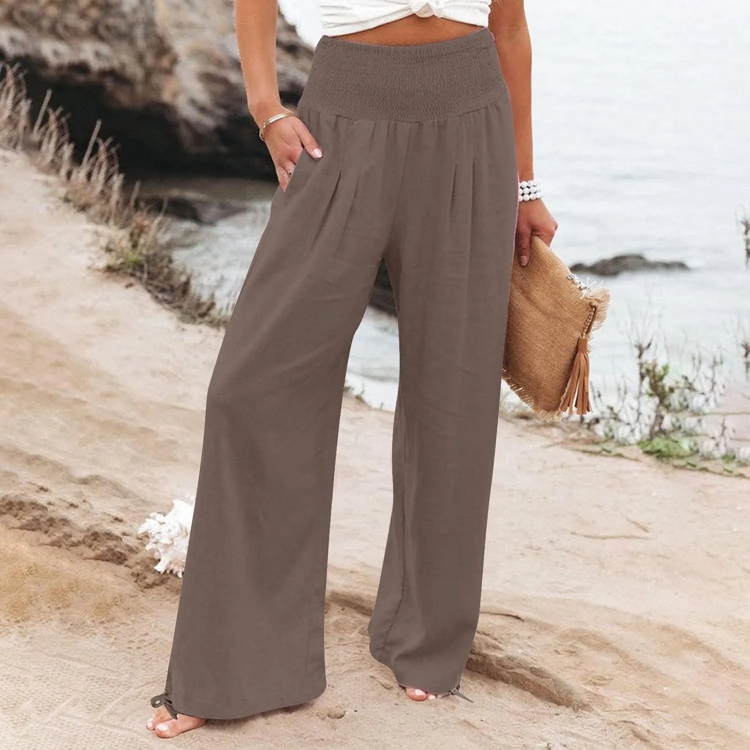Womens Linen Pants 2025 Summer Casual Wide Leg Pants Loose Flowy Beach Trousers with Pockets