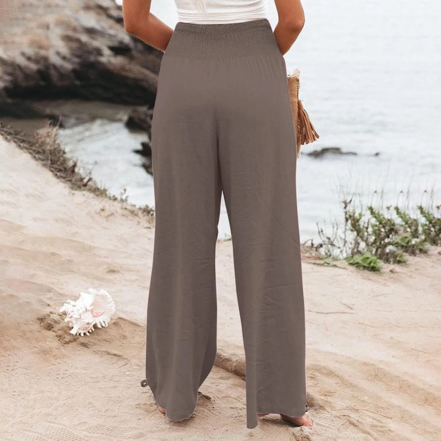 Womens Linen Pants 2025 Summer Casual Wide Leg Pants Loose Flowy Beach Trousers with Pockets