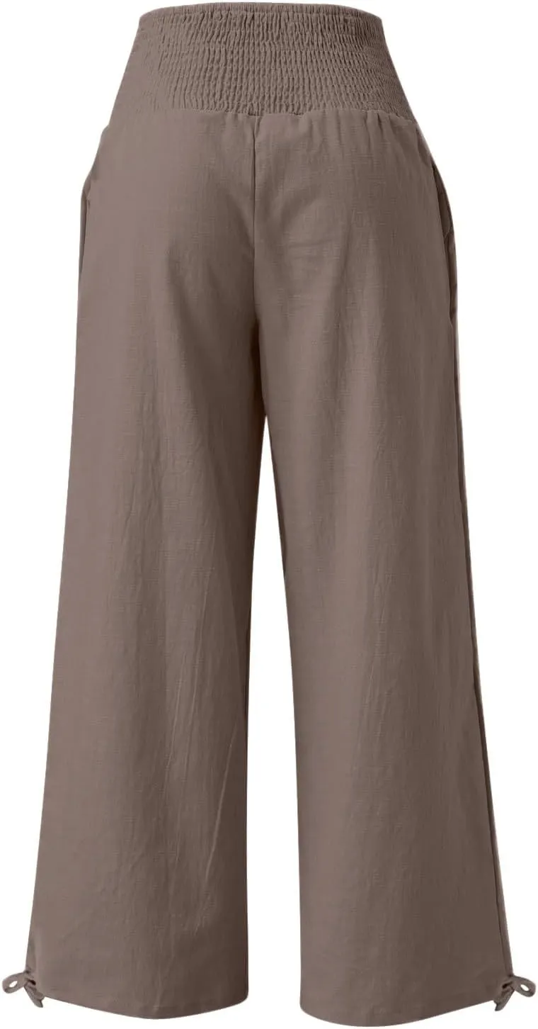 Womens Linen Pants 2025 Summer Casual Wide Leg Pants Loose Flowy Beach Trousers with Pockets