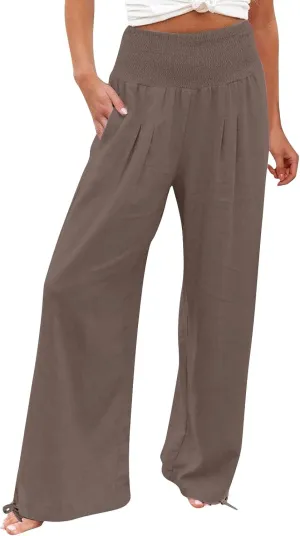 Womens Linen Pants 2025 Summer Casual Wide Leg Pants Loose Flowy Beach Trousers with Pockets
