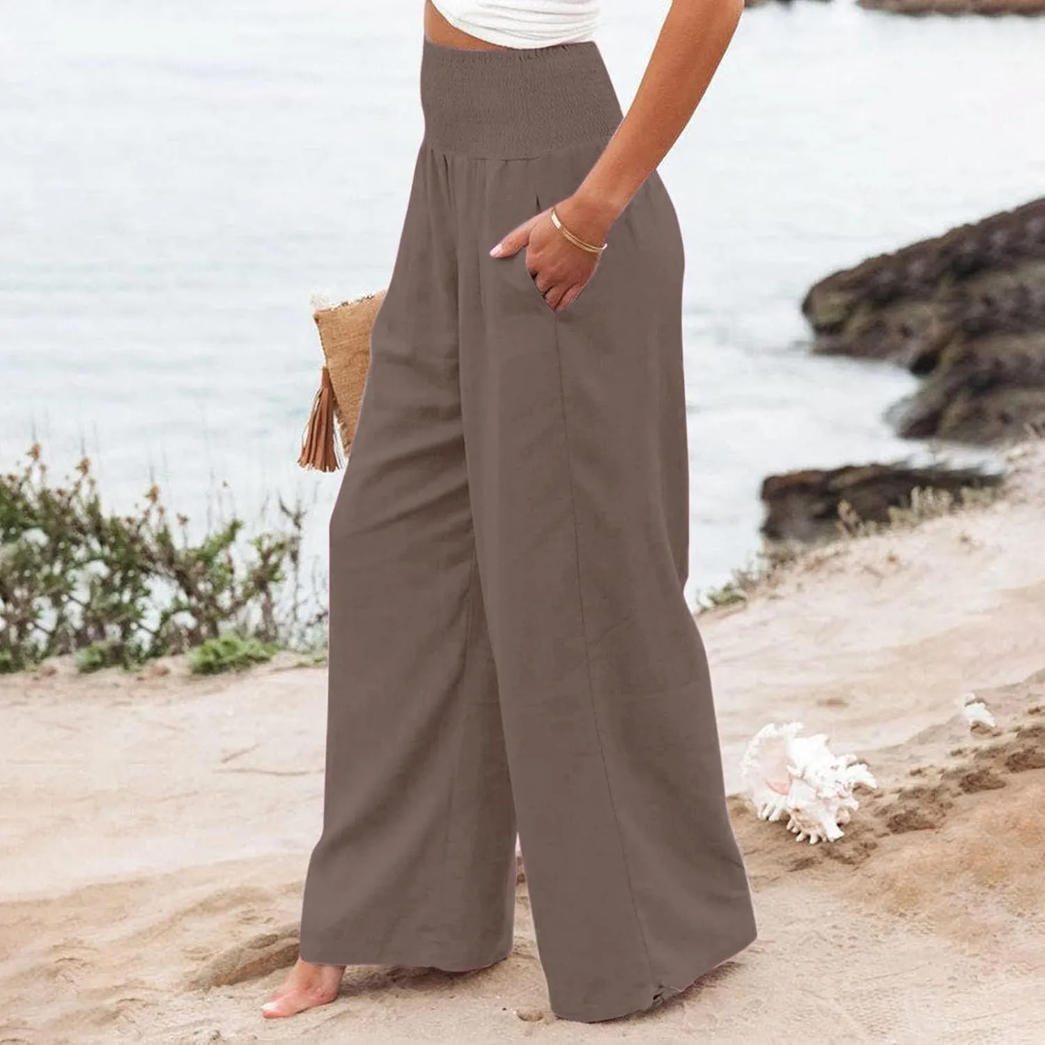 Womens Linen Pants 2025 Summer Casual Wide Leg Pants Loose Flowy Beach Trousers with Pockets