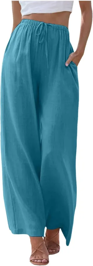 Women's Linen Pants Flowy Summer Palazzo Pant High Waist Wide Leg Beach Trousers with Pockets
