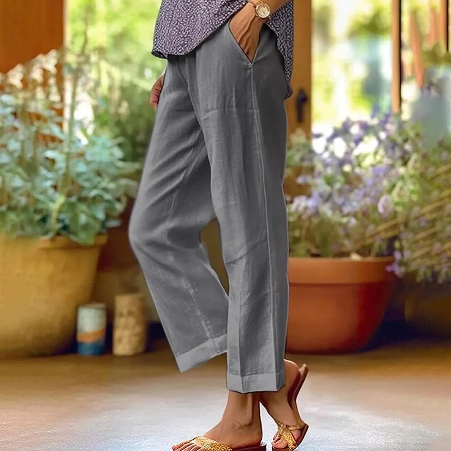 Womens Linen Pants with Pockets Casual Ankle Pant High Waist Comfy Lightweight Loose Trousers Beach Cropped Pants