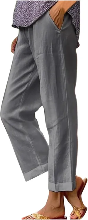 Womens Linen Pants with Pockets Casual Ankle Pant High Waist Comfy Lightweight Loose Trousers Beach Cropped Pants